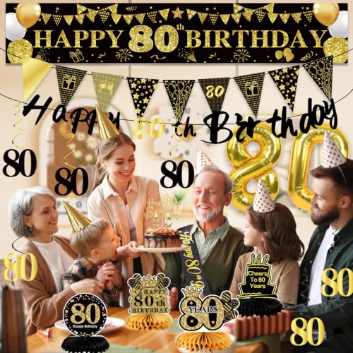 Image of 80th Birthday Decorations for Men, Black Gold 80th Party Decoration Kits