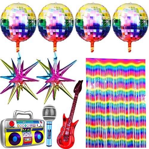 11Pcs 70S 80S Disco Party Decoration, 22In 4D Large Round Disco Balls Balloons 6.6X3.3Ft Foil Fringe Curtains Backdrop Explosion Star Balloons Inflatable Radio Boombox For Disco Fever Party(Rainbow) #TOP19