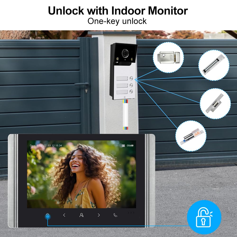 WLAN Wireless Video Türsprechanlage,1080P Außenkamera,7 Zoll AHD Touchscreen Wireless Monitor,PIR Bewegungserkennung,Nachtsicht,Tuya APP Steuerung (3 Familienhaus)