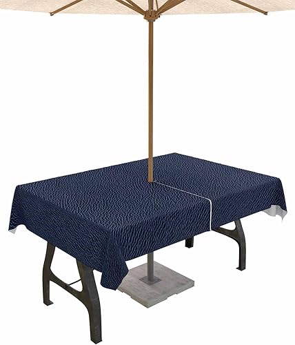 Outdoor Tablecloth with Umbrella Hole and Zipper 60 x 84 Inch Blue Leather Textu