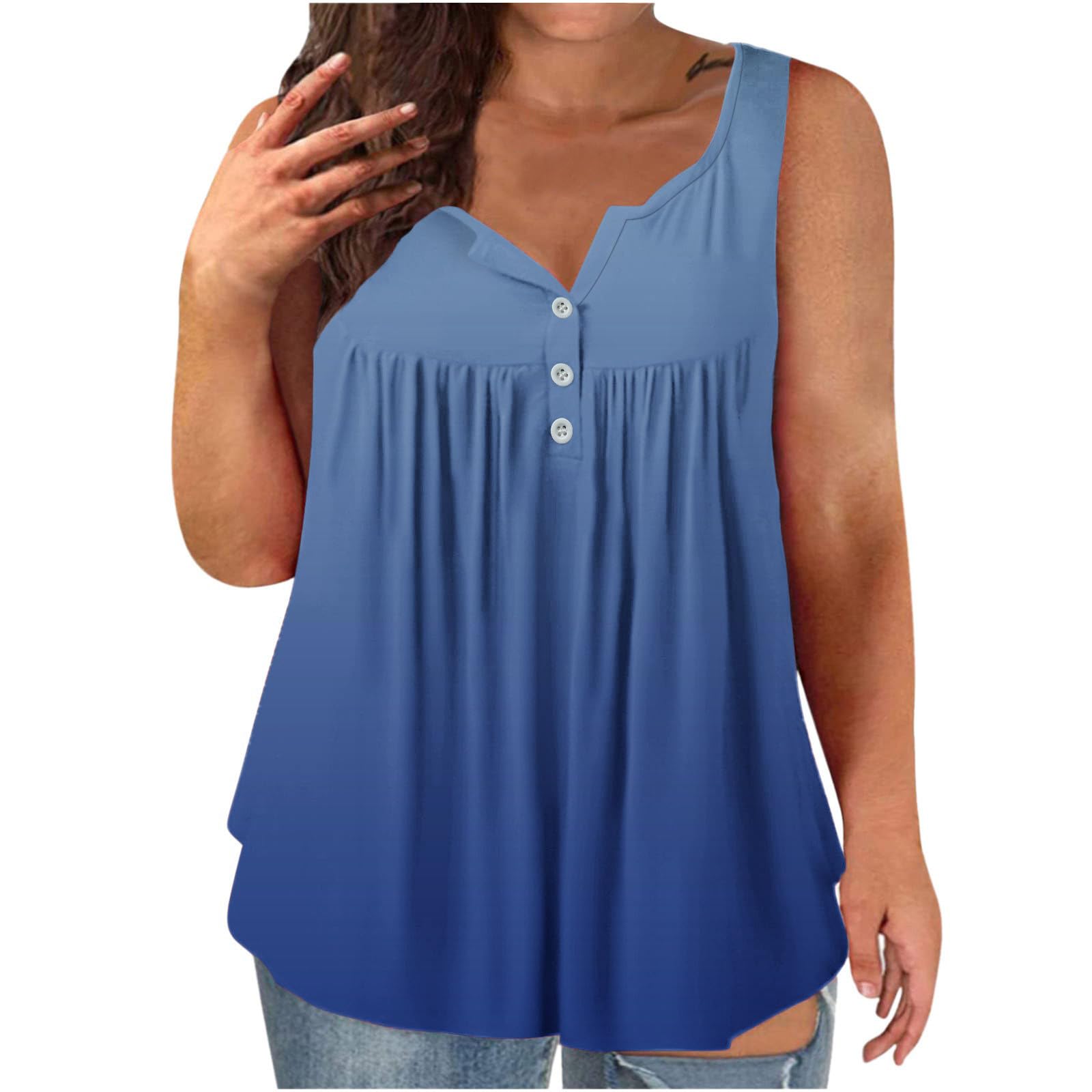 Womens Casual Tank Tops Quarter Button V-Neck Daily Wear T-Shirt Loose Sleeveless Pleated Classic Camisole 2025