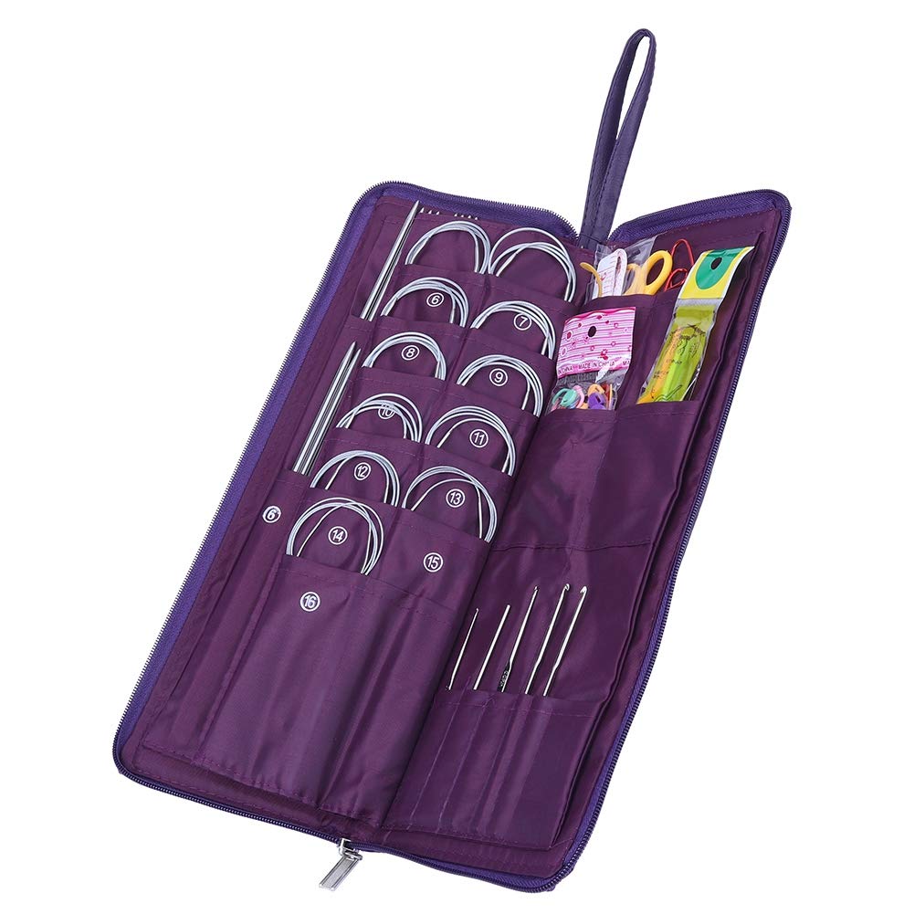 Kit de tejer 104 piezas, agujas de tejer circulares rectas de acero Juego de herramientas de tejido de gancho de ganchillo con bolsa de pu para principiantes, amantes del ganchillo experimentados