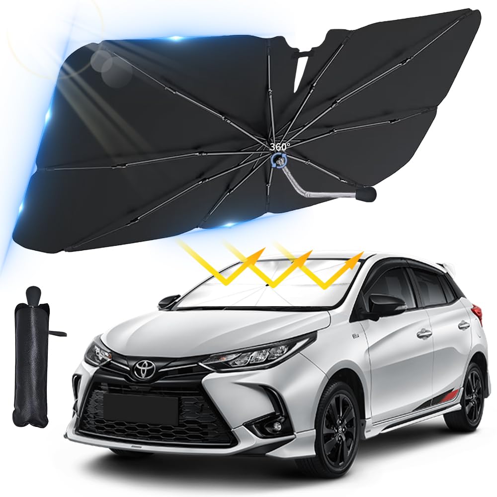【2025強化版＆曲がる中棒】サンシェード 車 フロント傘式 車用サンシェード 開き口設計 遮光遮熱 UVカット紫外線遮蔽 内装劣化防止 取付簡単 折り畳み式 収納便利 収納ポーチ付き 車中泊 露天駐車 暑さ対策 日焼け対策 (S(125*65cm))