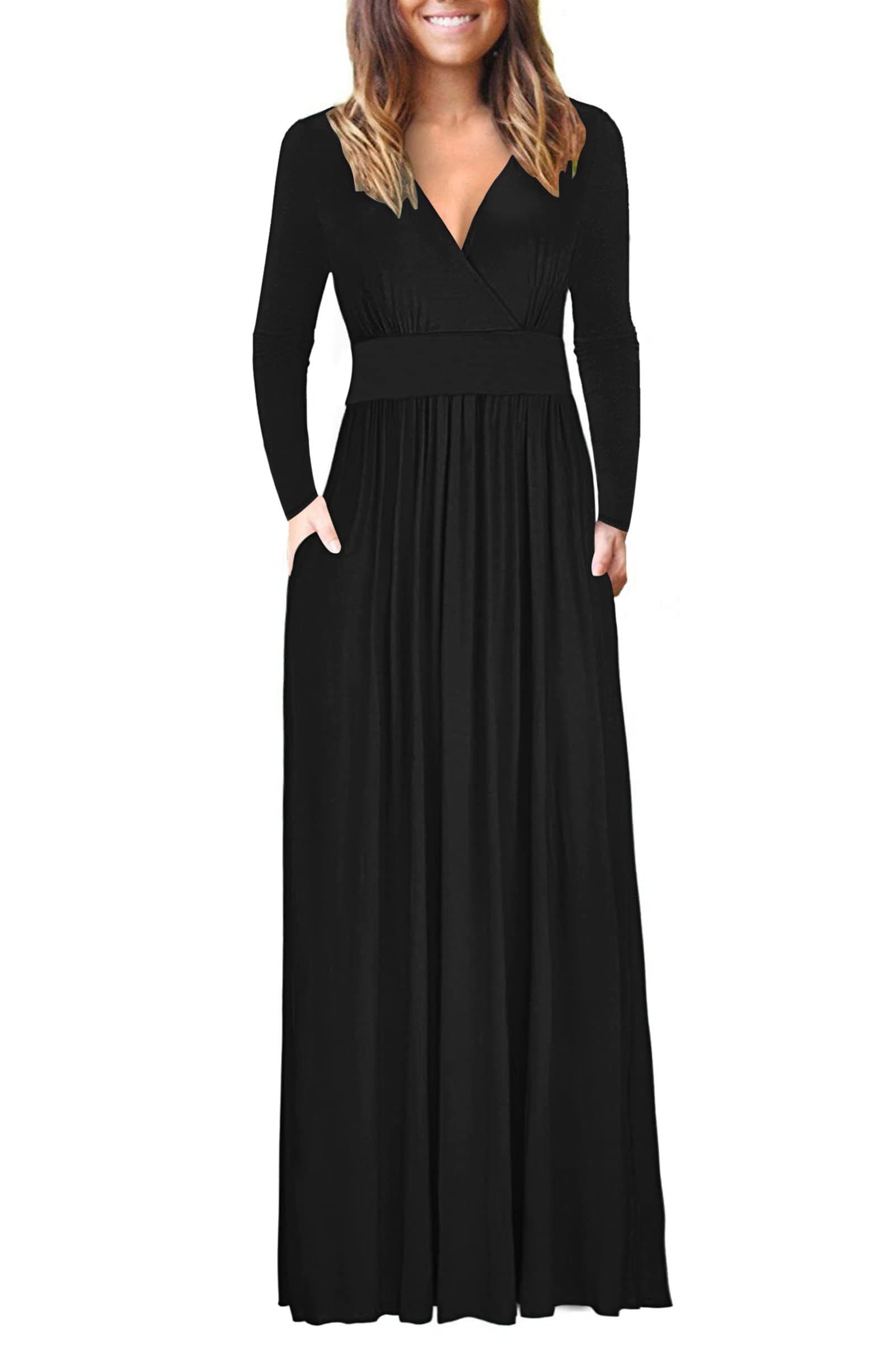 AUSELILY Vestido maxi de mujer de talla extragrande, vestidos de noche sin mangas, manga corta o manga larga con bolsillos y cuello de pico pronunciado
