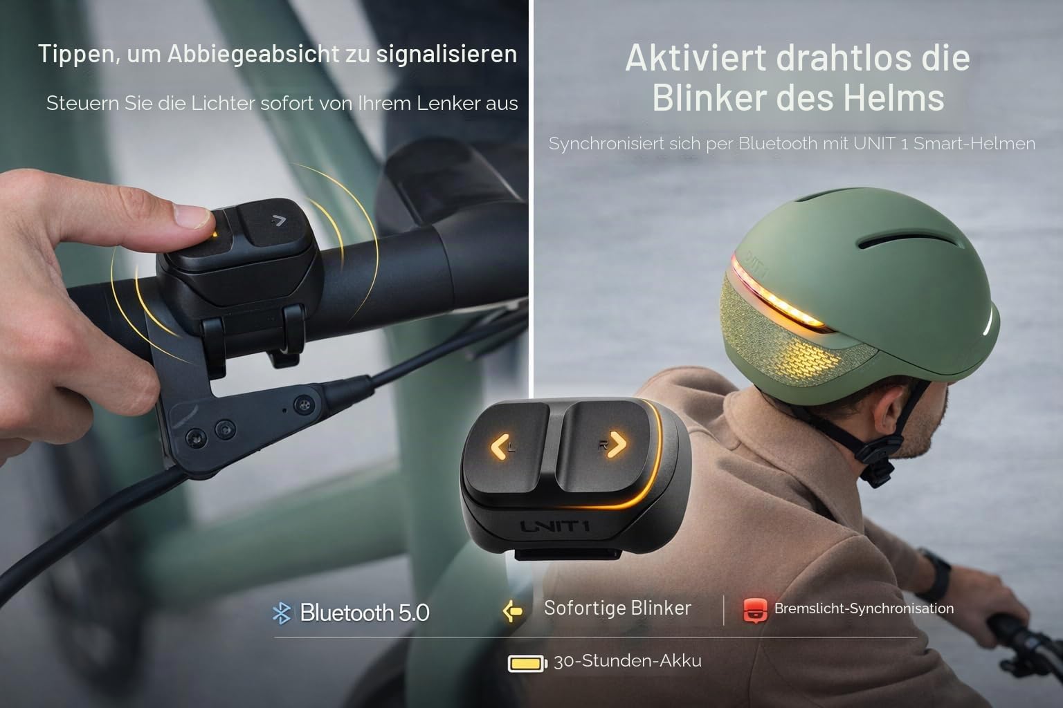 UNIT 1 Kabellose Fahrrad-Fernbedienung für Blinker- und Lichtsteuerung Lenkerfernbedienung