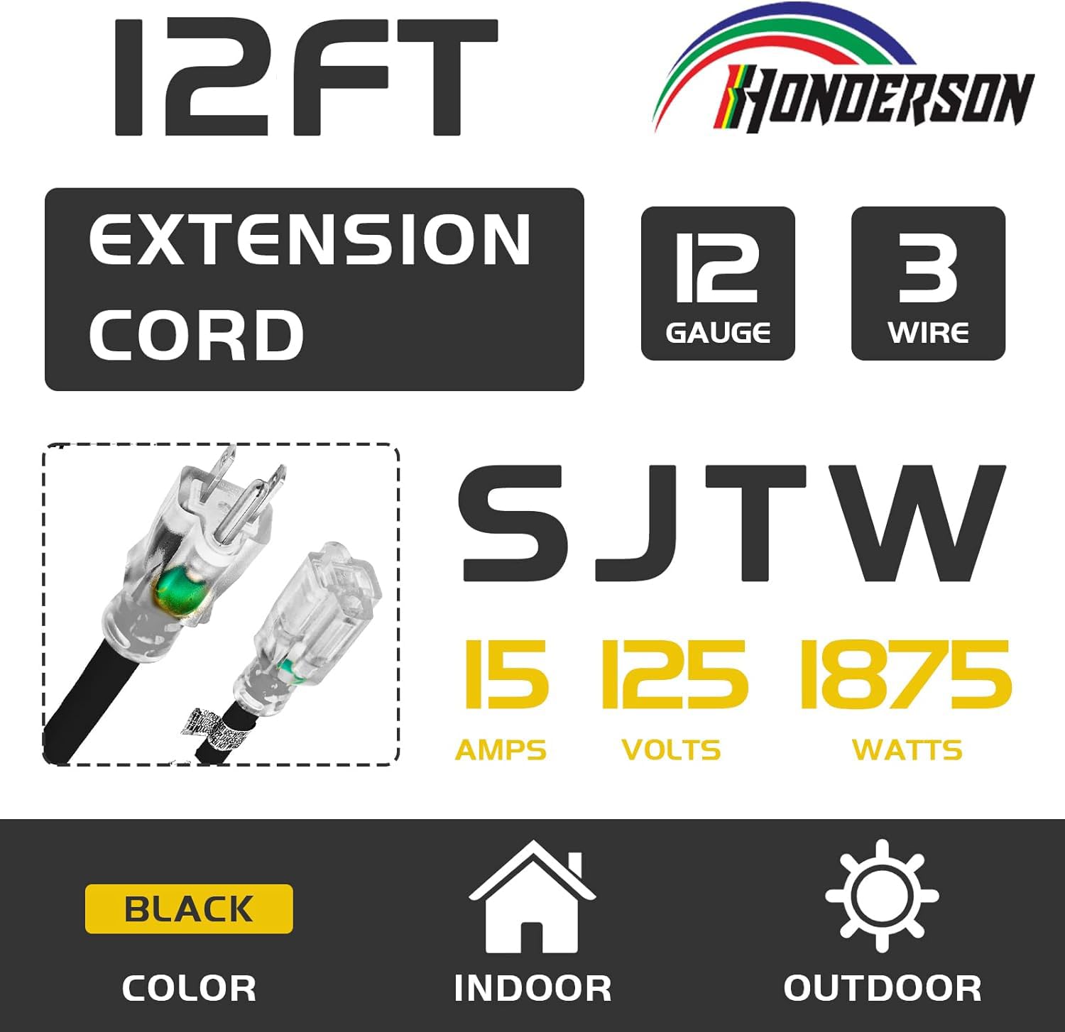 Cable de extensión para exteriores con iluminación de 12 pies, calibre 12/3, SJTW, cable de extensión de 3 clavijas, resistente color negro con enchufe de 3 clavijas para mayor seguridad,