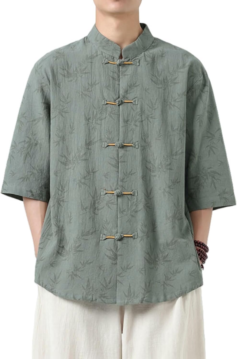 Men's Summer Trendy Retro Stand Collar Casual Chinese Style Print Five-Sleeve Shirt