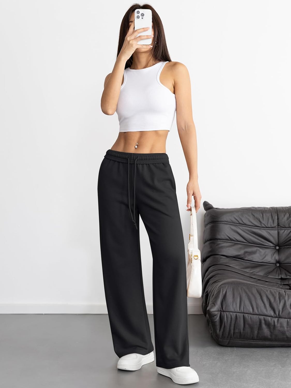 ATHMILE Women's Wide Leg Sweatpants High Waisted Baggy Interior Drawstring Joggers Straight Leg Sweat Pants with Pockets - Image 4