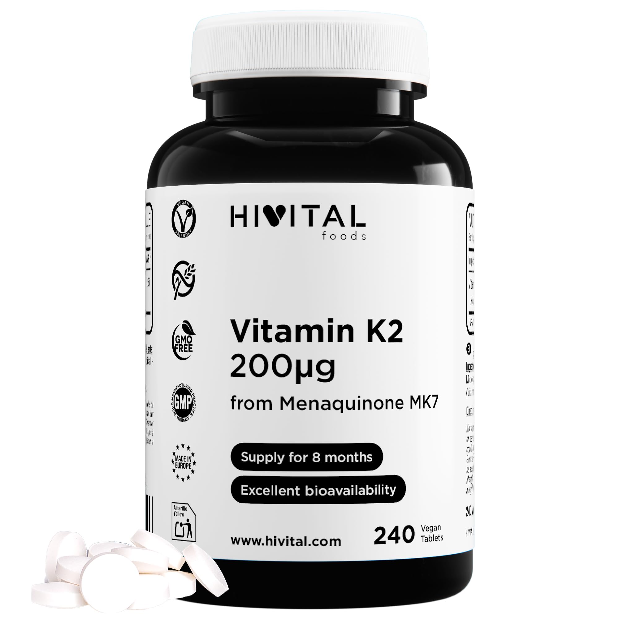 Vitamine K2 MK7 200 mcg. 240 comprimés végétaliens de vitamine K pour 8 mois de traitement. 200 mcg de vitamine K2 Menaquinone MK-7. Fabriqué en Europe par HIVITAL