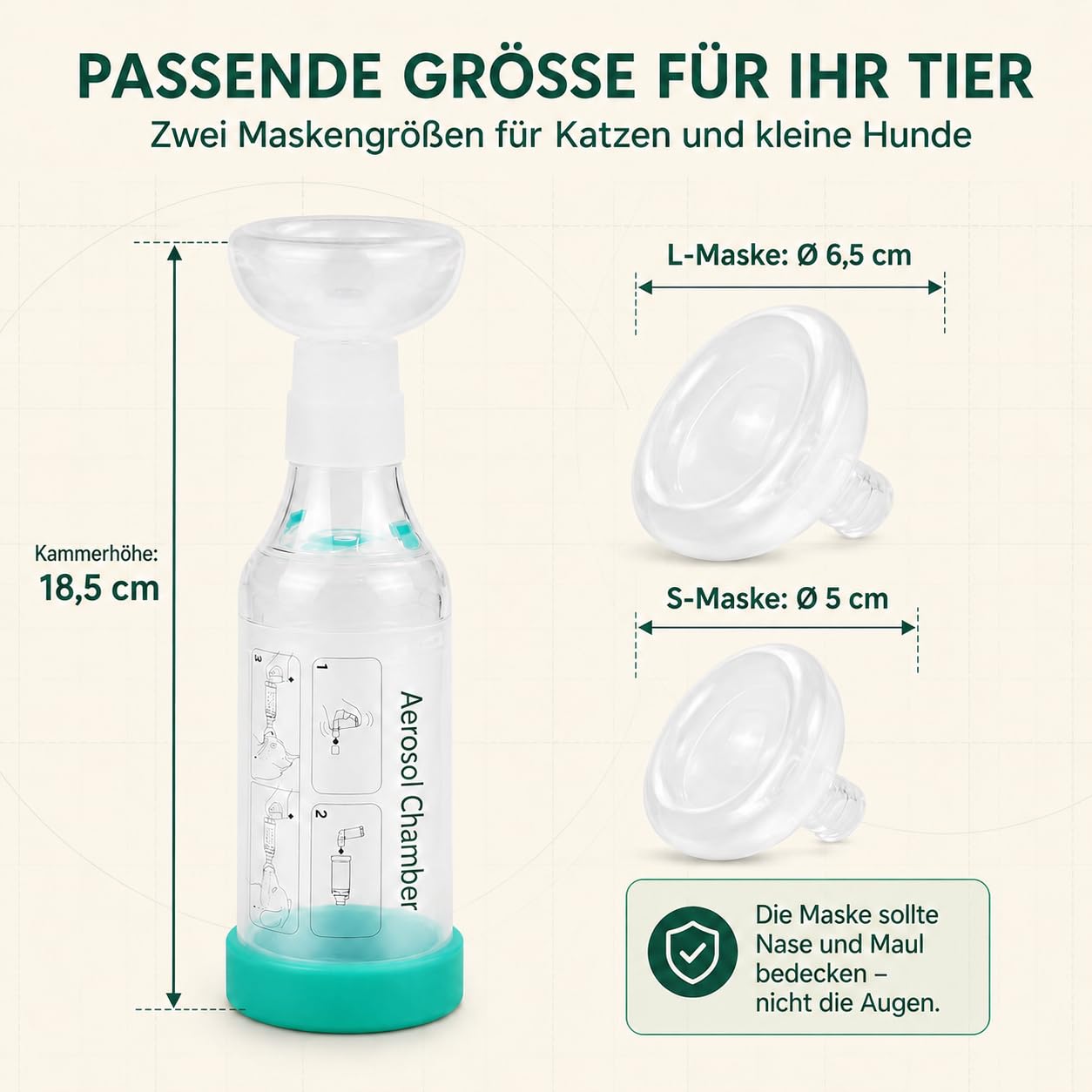 Katzen Inhalator Spacer Aerosolkammer mit 2 Silikonmasken Gruen | Medizinisches Silikon, Antistatische Kammer, Geräuscharmes Design, Zwei Maskengrößen, Sichtbarer Atemindikator
