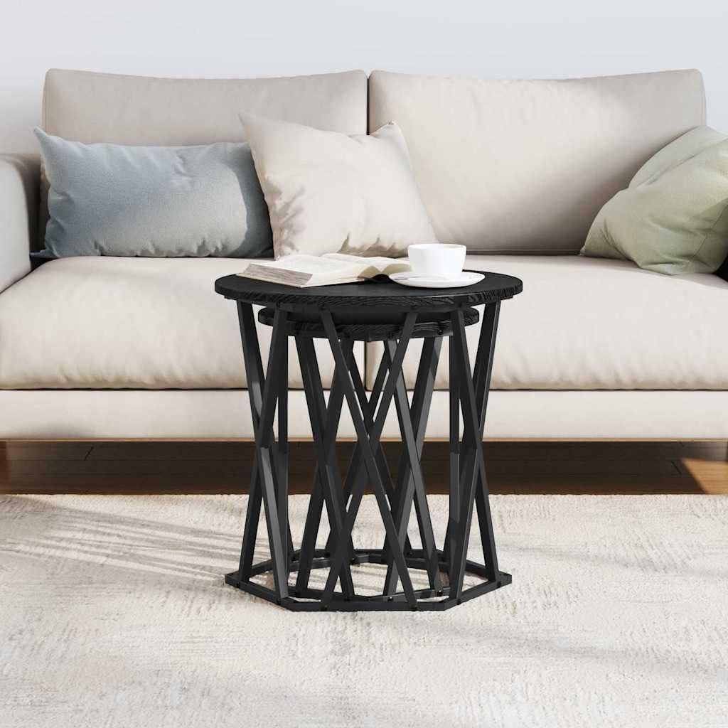 Juego de 2 mesas auxiliares de madera de roble negro, hexagonales, modernas, para salón, con diseño duradero