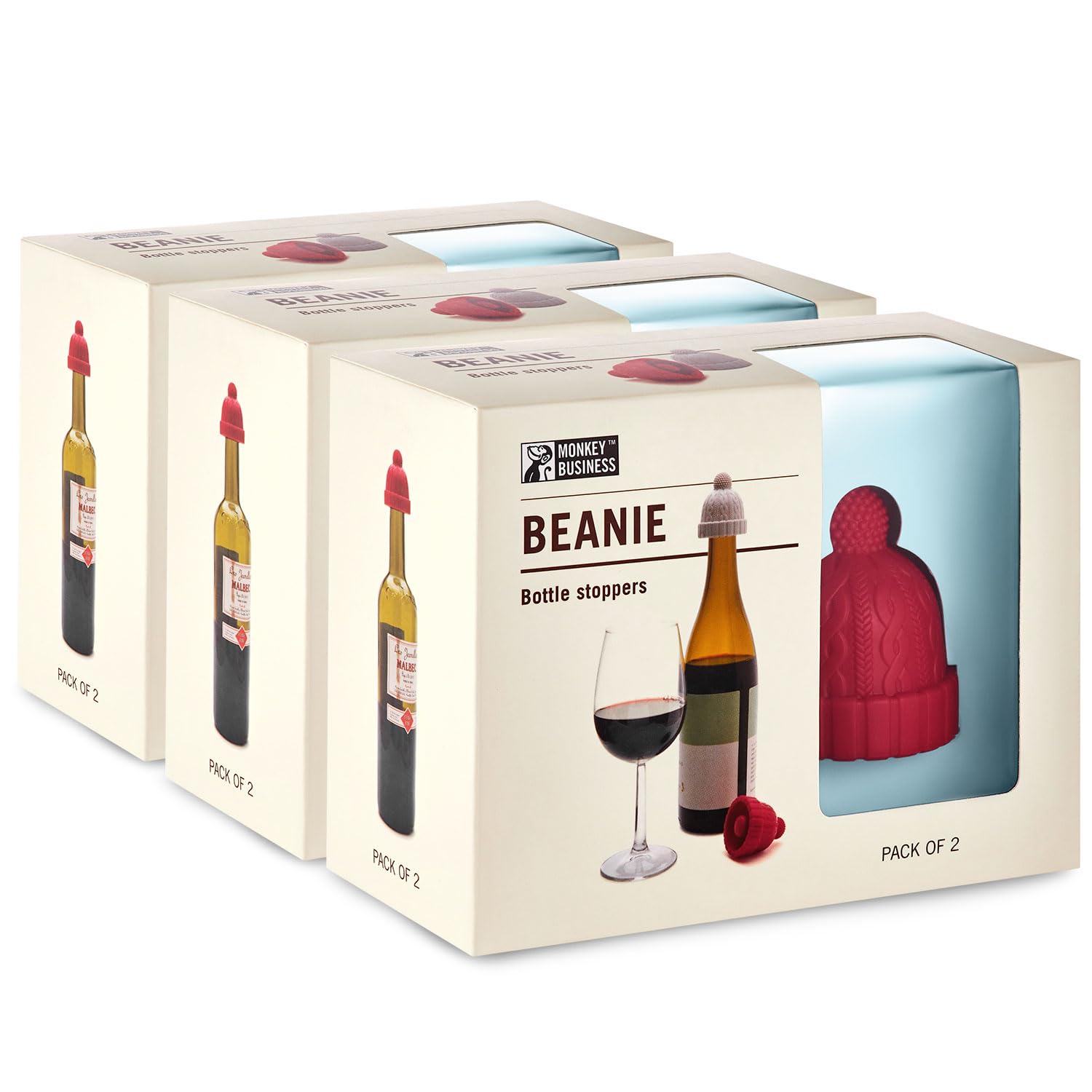 Monkey Business Beanie – 3 Sets of 2-Pack Wine Stoppers (Total 6) – Silicone Hat Wine Stopper – Cute Wine Accessories and Wine Gifts for Women and Men