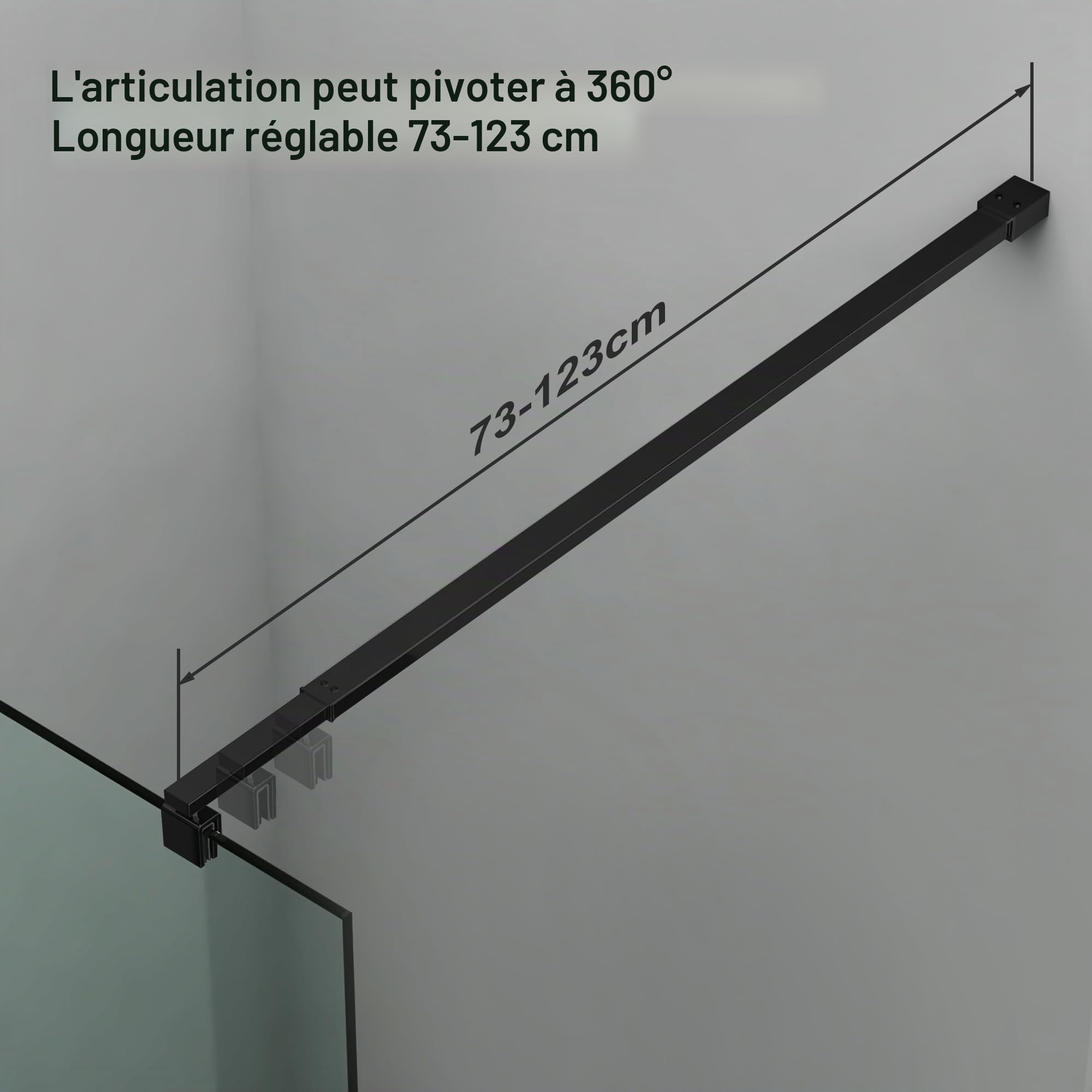 Barre de stabilisation télescopique réglable 73 à 123 cm, utilisée pour paroi de douche en verre, barre de stabilisation accessible épaisseur de verre 8 mm à 10 mm, barre de support carrée noire