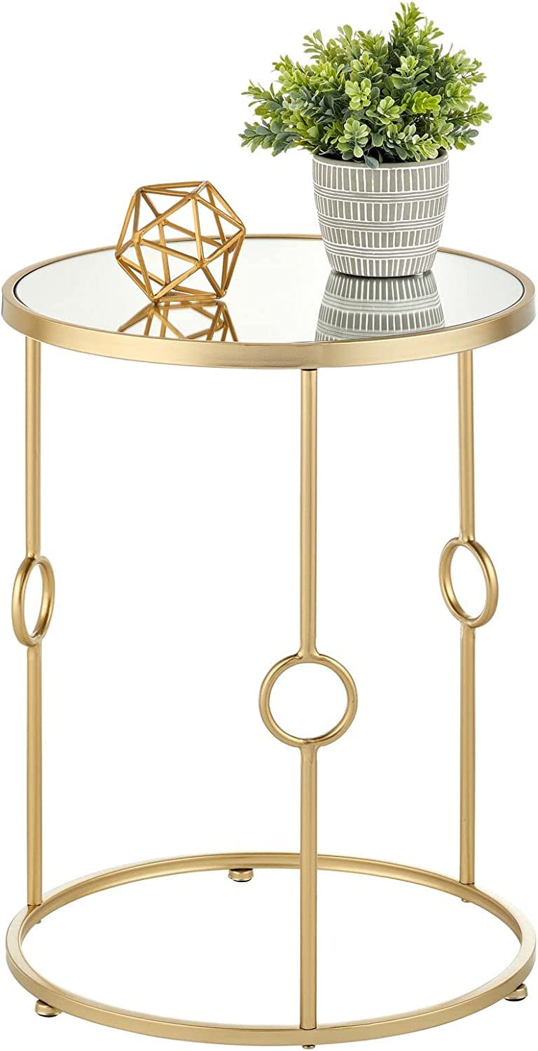 Round Metal Side/End Table with Decorative Legs, in-Lay Top, Home Decor Accent Furniture for Living Room, Bedroom - Brass/Clear Glass (Golden Mirror)