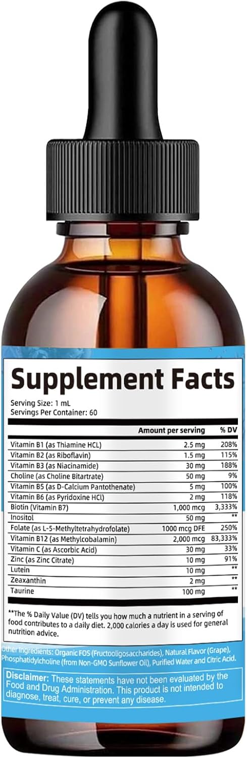 15-in-1 Liposomal Vitamin B Complex Pro, B Complex Drops with Vitamin B1, B2, B3 Niacinamide, Choline, B5, B6, B7 Biotin, Inositol, Folate, B12, Zinc, Lutein, Zeaxanthin, Taurine, Vitamin C, 2 fl oz - Image 8