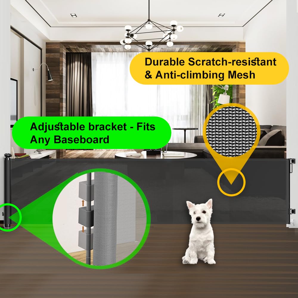 Docal 120 Inch Extra Wide Baby Gate for Large Opening Retractable Baby Gates for Doorway Extra Long Dog Gate for The House Outdoor Large Pet Gates for Dog,Mesh Child Gate, Black (Upgraded ver.)