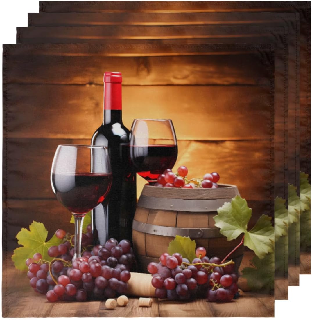 Cloth Napkins Set of 6, Red Wine Glass Grapes Wooden Polyester Dinner Napkins 20x20 inch, Reusable Washable Table Cloth Napkins for Home Holiday Dining Wedding Party Decoration