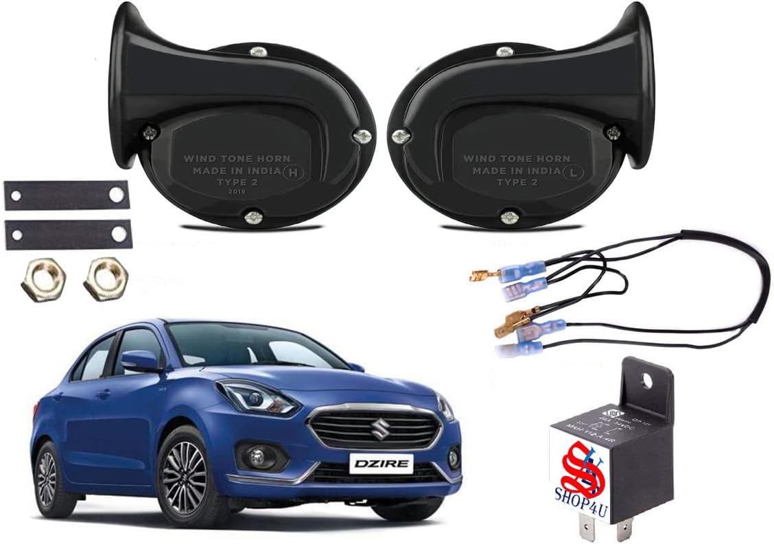 SHOP4U Snail Shape Car windtone Horn Bike, car, scooty, Truck, Auto, Van (Pack of 2 Horn with Relay and Wire)