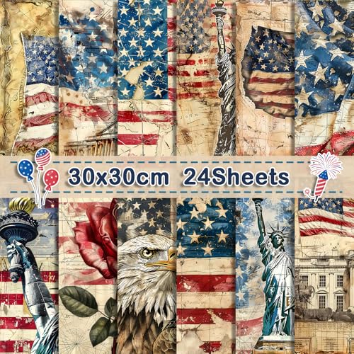 24 Sheets Retro Patriotic Scrapbook Paper 11.8x11.8 Red Blue Stars Stripes Patterns Decorative Craft Paper Folded Flat for 4th of July Card Making Veterans Day Photo Album Decor (D)