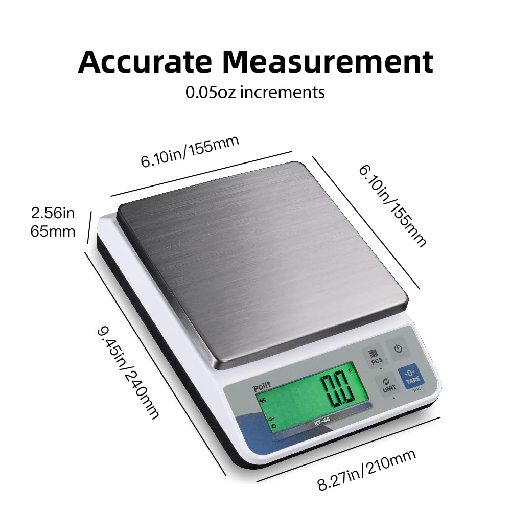 Polit Báscula digital de cocina KT-66, 30lb/13Kg, peso gramo onza 1g/0.03oz precisión, acero inoxidable premium con pantalla LED, 5 unidades para hornear y cocinar (adaptador de corriente incluido)