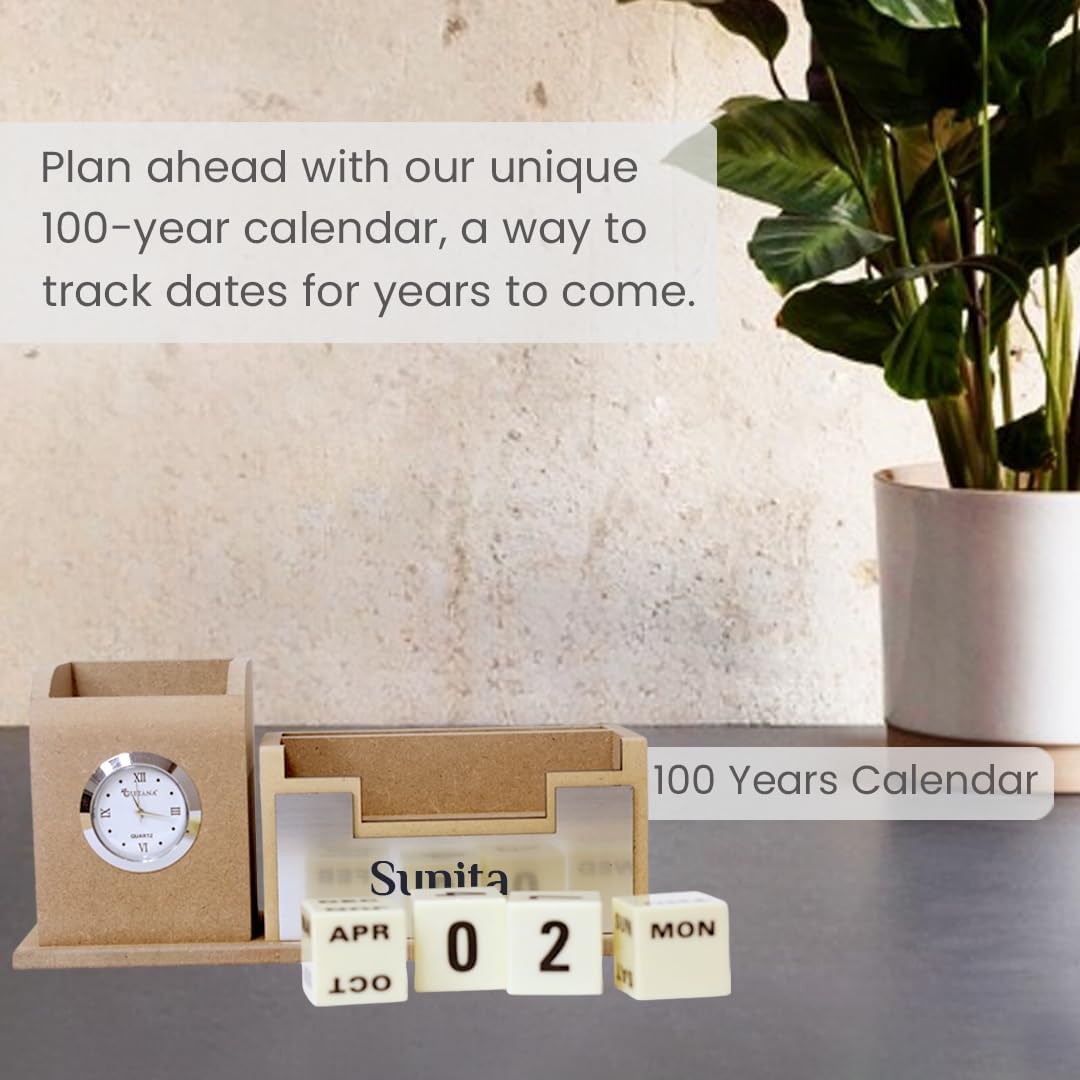 Giftana Personalized Pen Stand with Name,Table Watch,Table Calendar, Customized Desk Organizer for Doctors, Wooden Office Desk & Study New Year Corporate Gift for Employee (Beige, Silver) 3