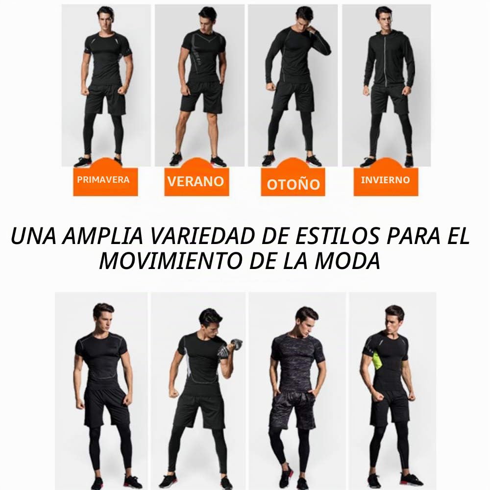 Hombre 5 Piezas Conjunto Compresión Ropa Sudaderas con Capucha y Pantalones Cortos y Leggings y Manga Corta/Larga Tops para Running Fitness Entrenamiento