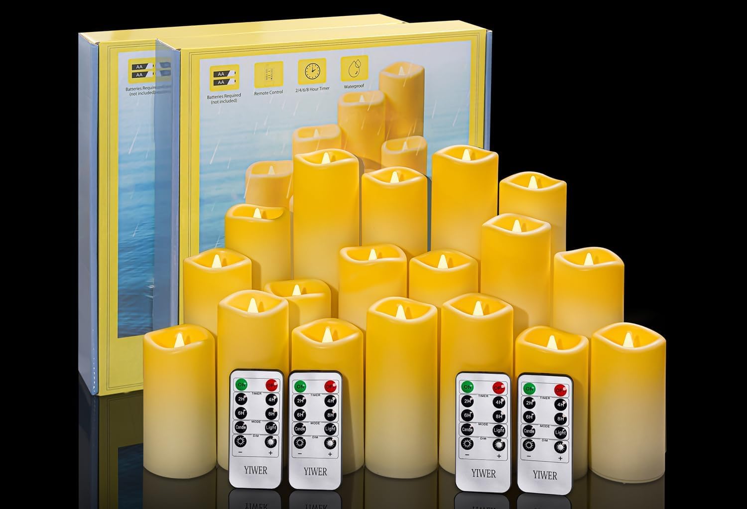 Velas sin llama led impermeables, Velas parpadeantes con pilas para interiores al aire libre con Temporizadores remotos,Plástico marfil D2,2"xH4"5"6"7 "8"9"para decoración de fiestas ( 18 PACK)