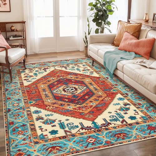 SERISSA Boho Area Rug 5x7 Orange, Washable Large Rugs for Living Room, Ultra Soft Non-Slip Bedroom Rug Print Distressed Vintage Tribal Farmhouse Carpet Rug for Dining Room Dorm Office Home Decor