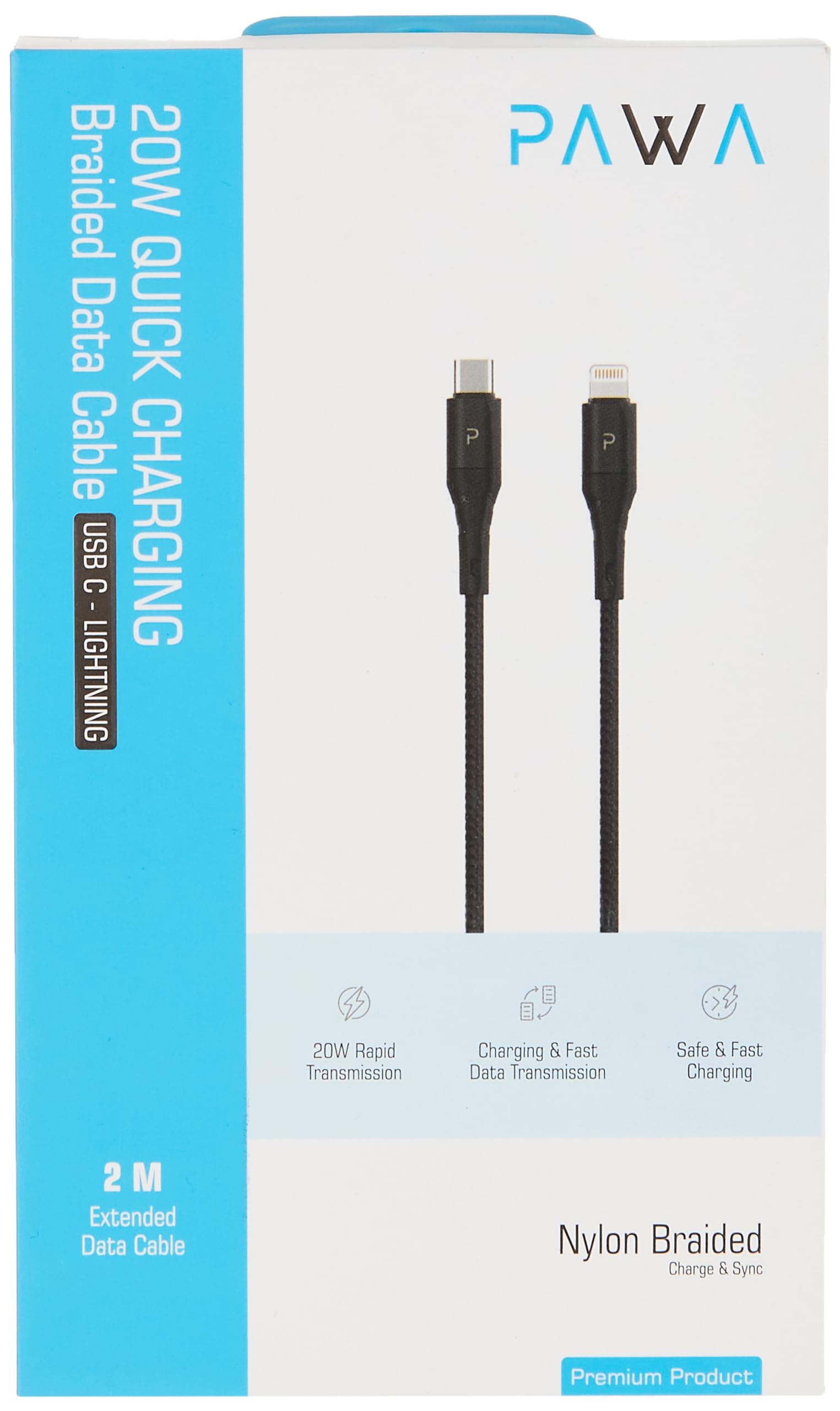 PAWANylon Braided 20W Data & Quick Charging USB-C - Compatible with Lightning Cable 2m/6.5ft Compatible with iPhone 14 Pro/14 Pro Max/13 Pro Max/13 Pro, iPhone 12 Pro Max/12 Pro, etc. - Black