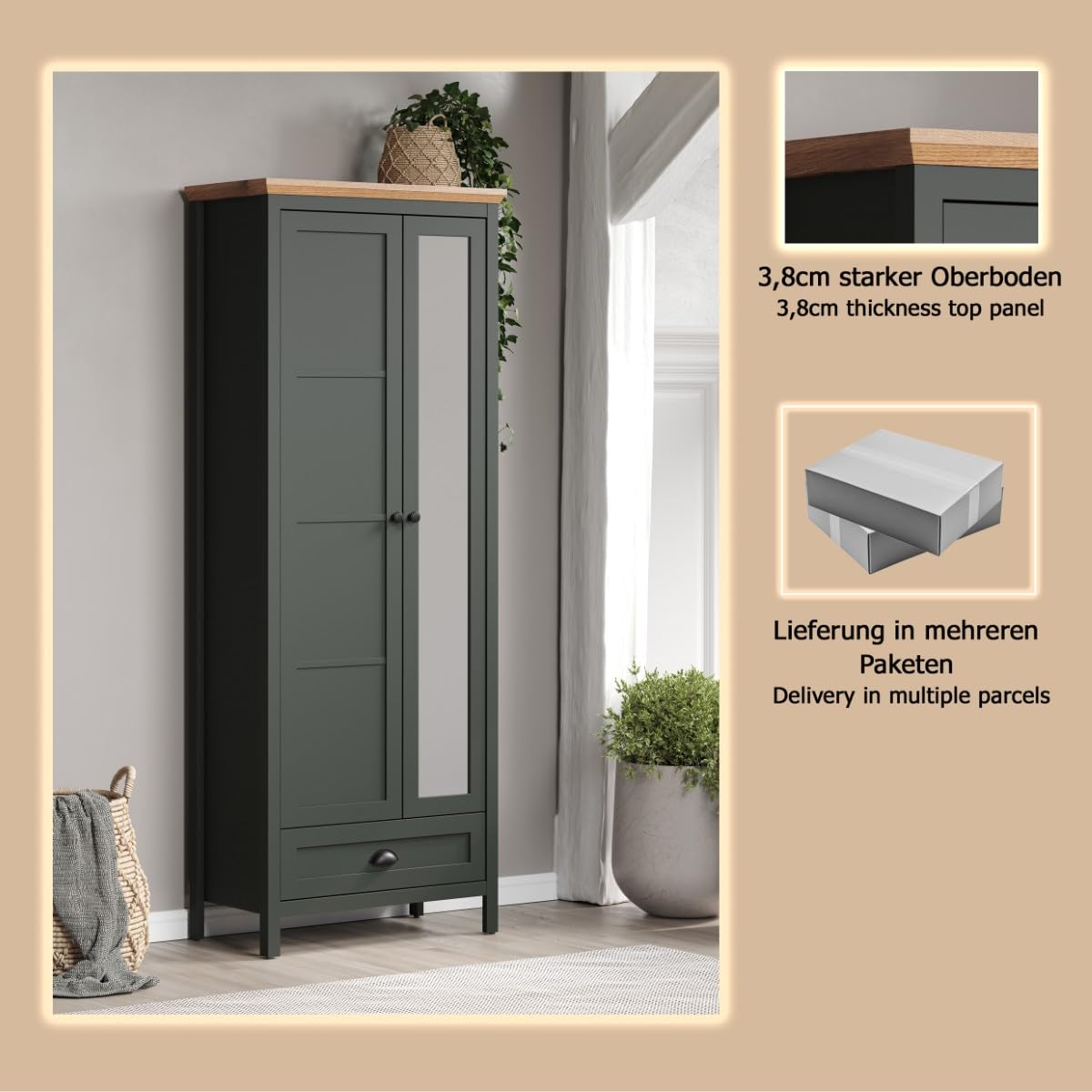 trendteam smart living - Stanton - Garderobenschrank - Tannengrün/Evoke Eiche - Flurschrank mit auziehbarer Kleiderstange - (BxHxT) 77 x 198 x 39 cm - Landhausstil