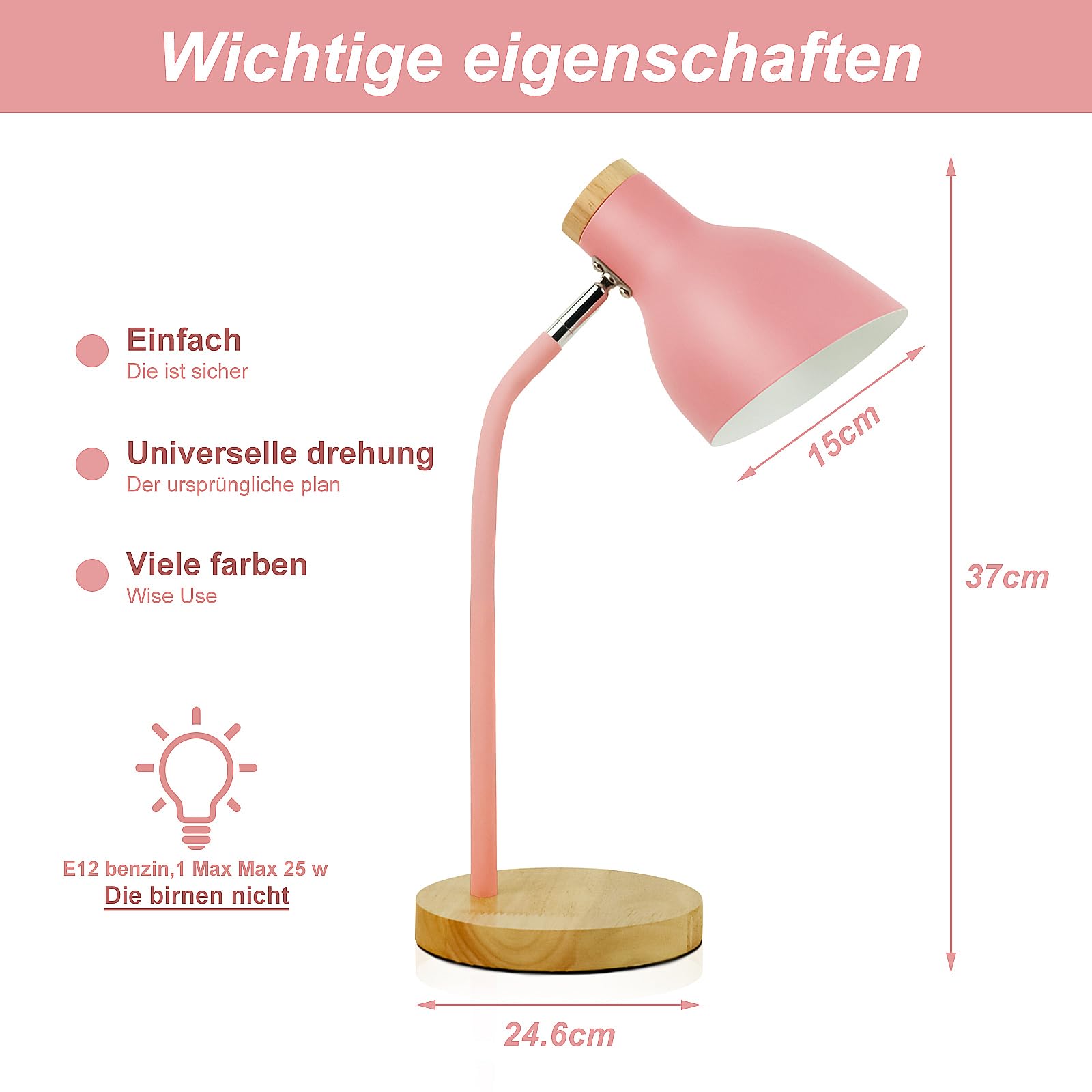 Armleuchte Mit Schalter Himmel Schreibtischlampe – Verstellbare Tischleuchte Aus Metall & Holz, E27 Fassung, 40 W, Inkl. Leuchtmittel, Rosa, Für Schlaf- & Wohnzimmer