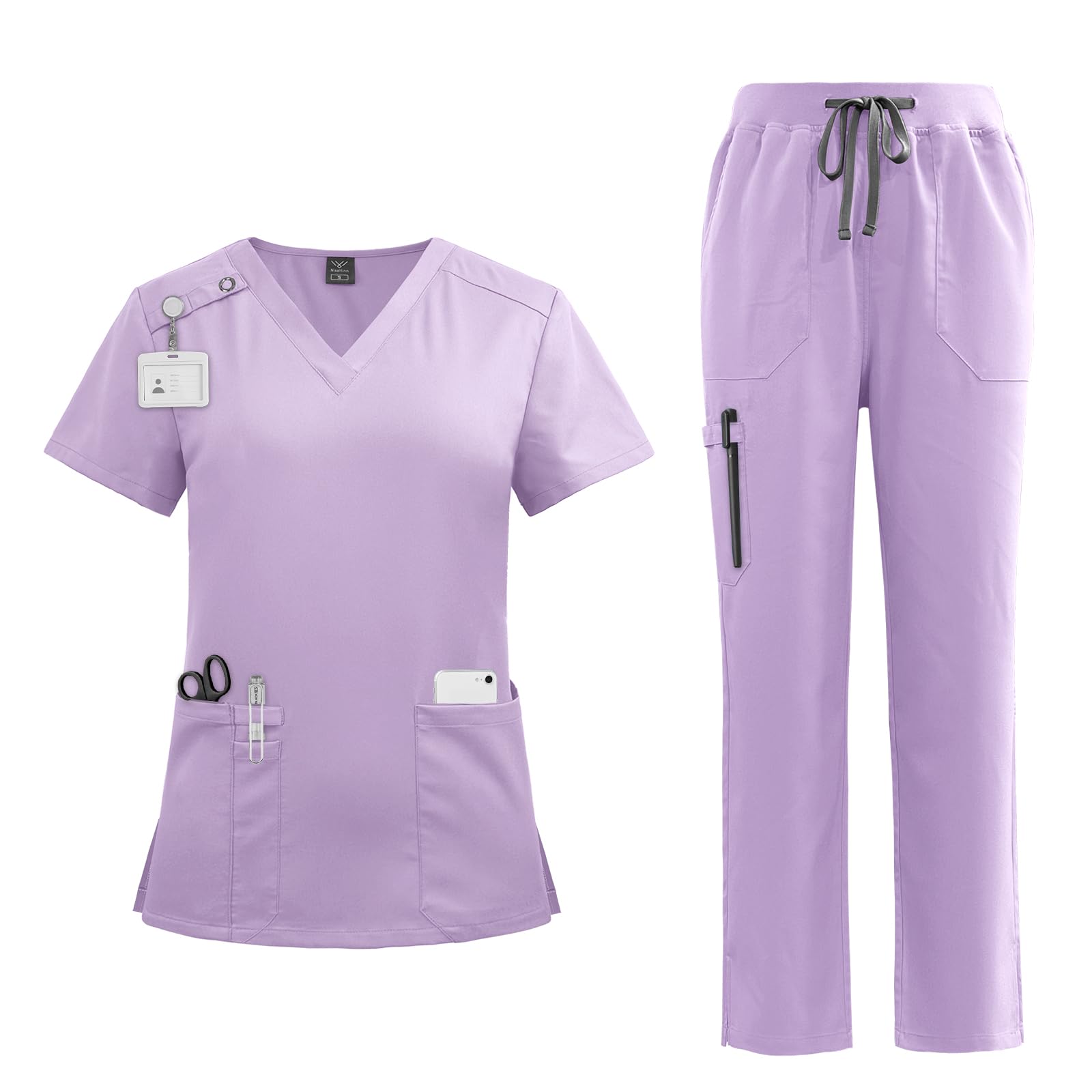 VIAOLI Scrubs Set for Women - Modern V-Neck Top & Tapered Leg Jogger Pants Multiple Pockets Nursing Uniforms (Lavender,S,Small)