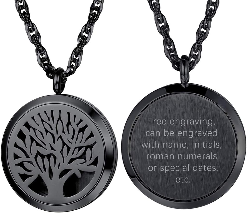 PROSTEEL Personalized Customize Tree of Life Black Necklace Perfume Locket Essential Oil Diffuser Hollow Pendants Men Women Aromatherapy Jewelry Custom Engrave Text Valentine Gift
