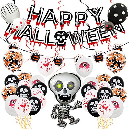 HQdeal Halloween Party Decorations Halloween Balloon Set Skull Pull Flag Spiral Ornament Banner Halloween Pumpkin Aluminum Foil Balloon Party Bar Home Decoration Supplies