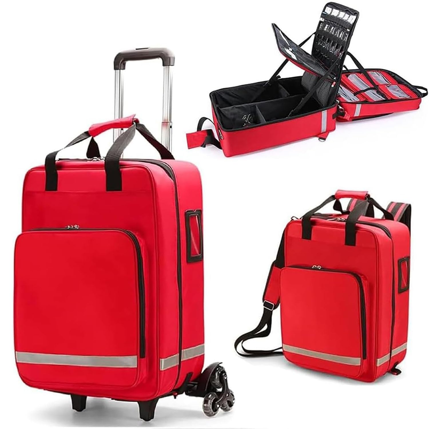 Bolsa médica con ruedas, kit de primeros auxilios de emergencia con carrito desmontable y tira reflectante, duradera y conveniente para la salud en el hogar y uso paramédico, Red