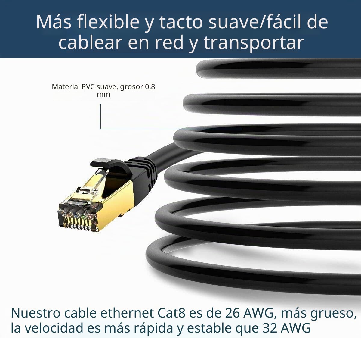 VEEtOP Cable Ethernet Cat 8 de Red con Conectores rj45 Oro para 40 Gigabit Internet LAN 2m Negro