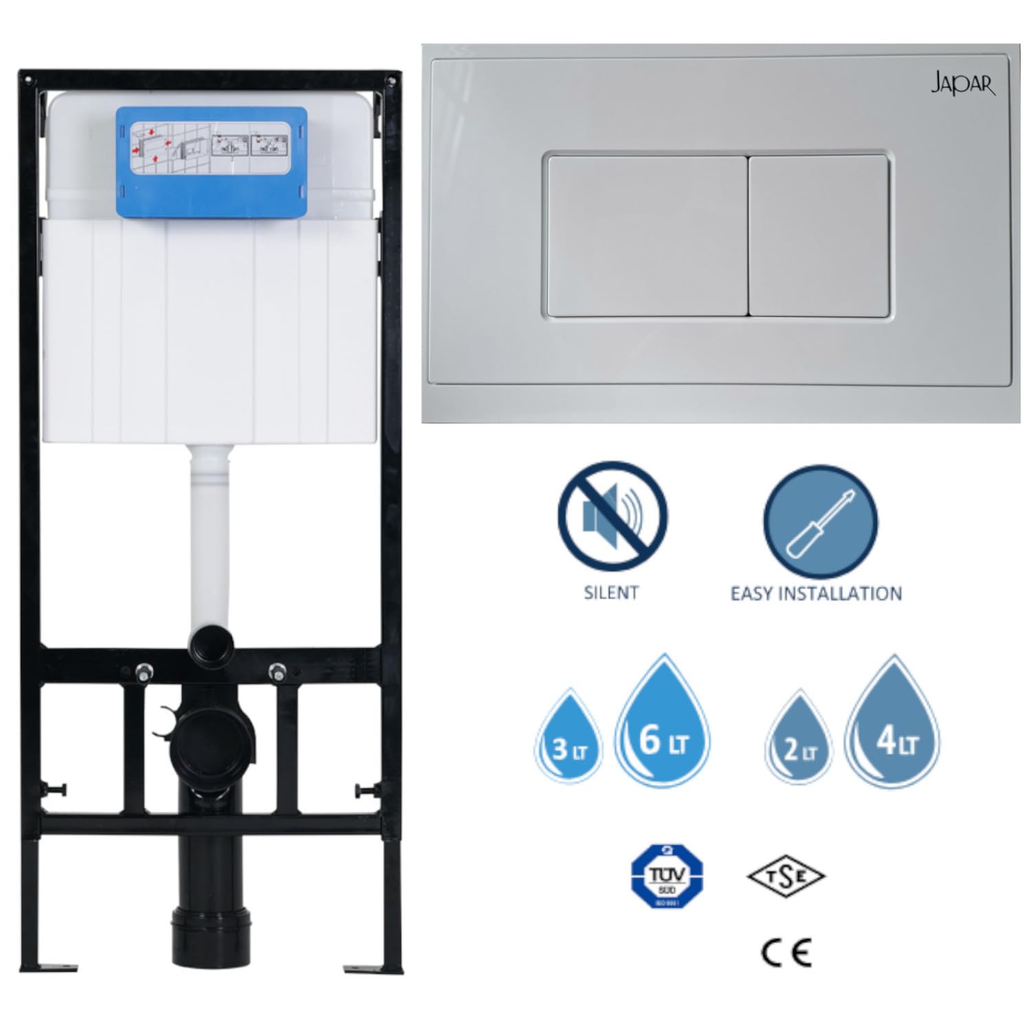 Wc sospeso bianco senza bordo con funzione bidet e rubinetto acqua calda/fredda + sedile in Duroplast Soft Close + WC Slim nascosto telaio 3 in 1 set WC sistema di installazione