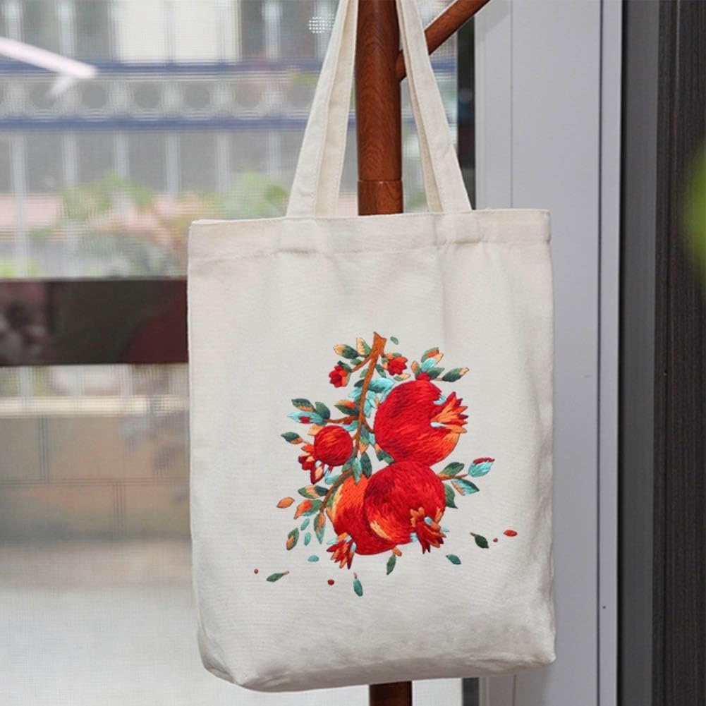 Canvas Tote Bag Embroidery Kit, Embroidery Kits for Beginners, Arts and DIY Crafts Embroidery Starter kit, Include Stamped Embroidery Bag, Threads, Embroidery Tools (Beige Bag with Pomegranate) image 3