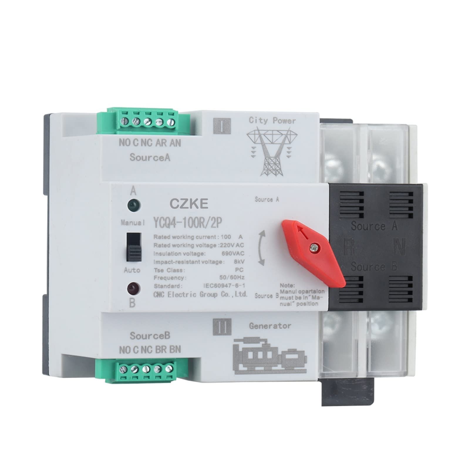 YCQ4-100R/2P 220V Dual Power Single Phase Din Rail ATS Automatic Transfer Electrical Selector Switches Uninterrupted (Color : YCQ4-100R-2P, Size : 100A)