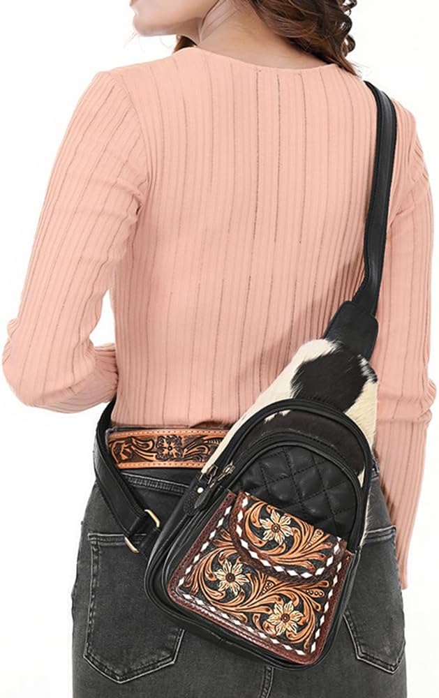 American Darling Hand-Tooled Floral Quilted Hair-On Cowhide Sling Bag Genuine Vegetable-Tanned Leather Crossbody