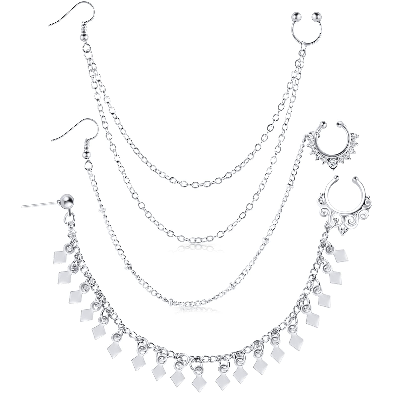 3 Pieces Nose Hoop Chain Rings Double-layer Septum Non Piercing Nose Hoop Ring Dangle Chain Earrings