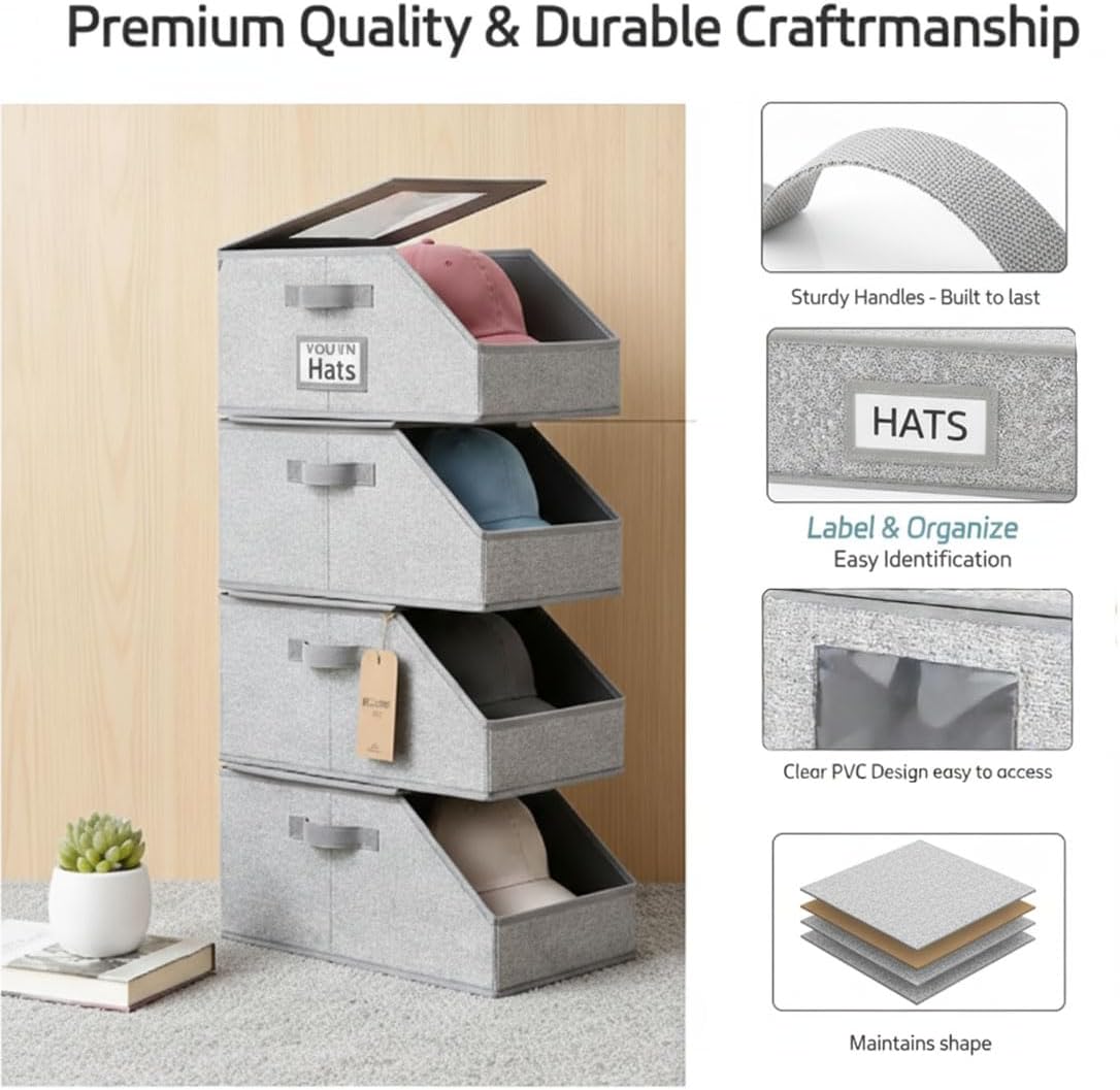 Stackable Hat Storage Boxes for Baseball Caps, Holds up to 24 Caps Hat Organizer for Closet with Clear Window & Cardboard, Sturdy Snapback Boxes for Home Storage (2PCSG)