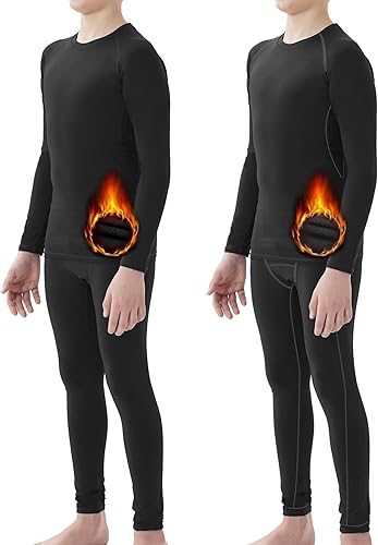 HOPLYNN Youth Boys 2 Set Thermal Underwear Compression Leggings and Shirts Long Johns, Kids Fleece Warm Lined Base Layer