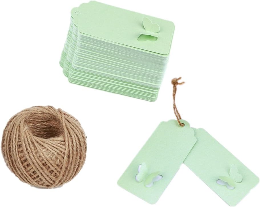 Newoo 100 Pieces Kraft Paper Gift Tags Hollow Butterfly Design with 100 Feet Jute Twines for Wedding Blessing Cards Greeting Card (Green)