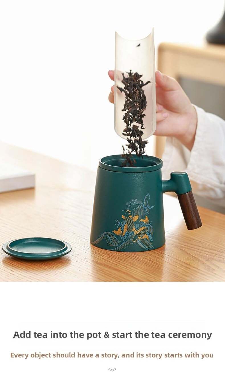 Ceramic Teacup with Infuser and Lid, 13.5oz Loose Leaf Tea Mug with Strainer, Ceramic Tea Infuser Travel Mug Gift for Women and Men, Home or Office Use (Black)