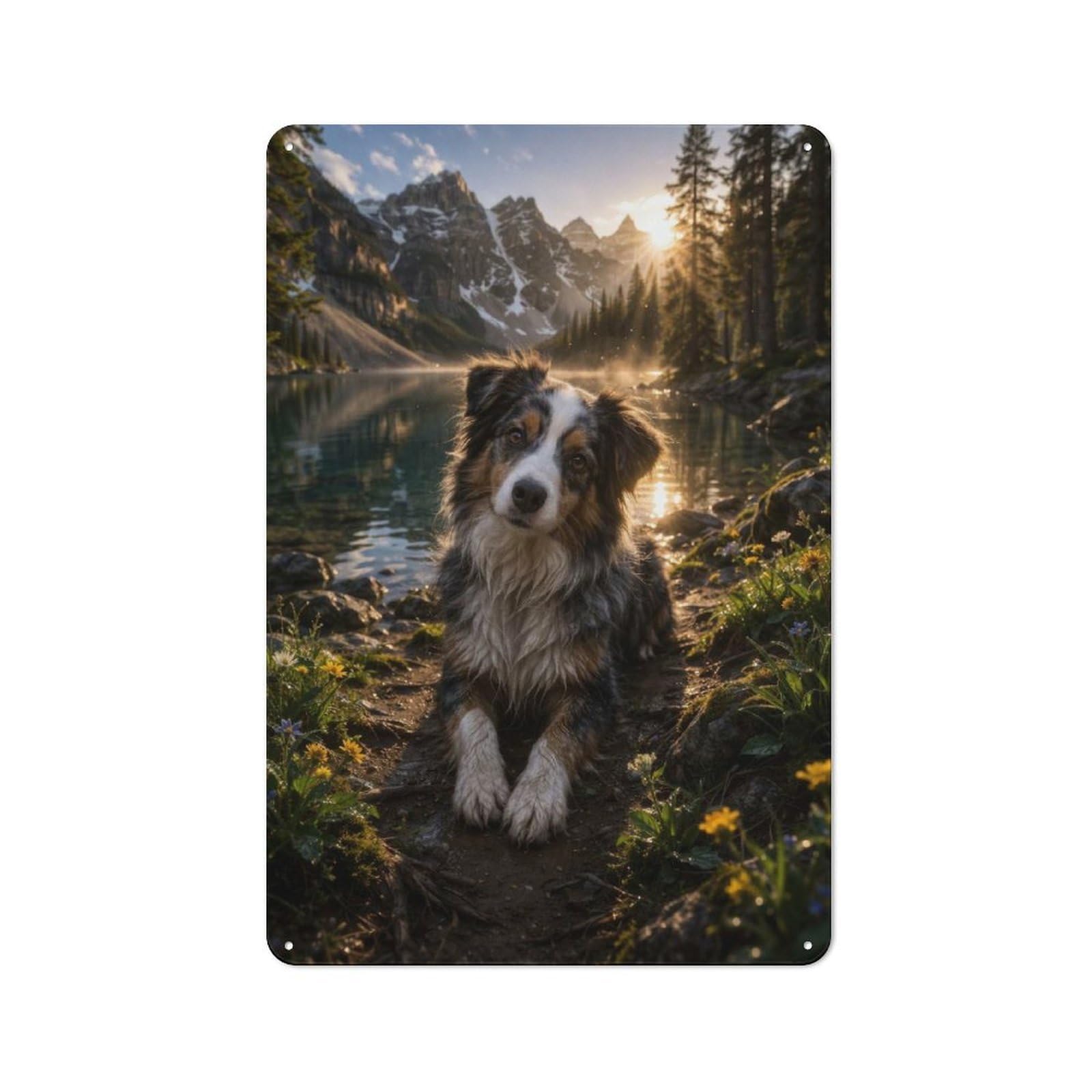 Junmoney Style-16 Dog By A Mountain Lake At Sunrise Rustic Metal Wall Decor 30X20cm, Garden Room Metal Sign For Patio Bar, Workshop, Shed Or Kitchen