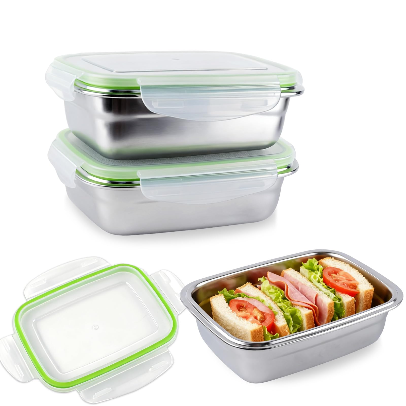 CZCMYAU 3PCS 550ml Stainless Steel Lunch Sandwich Box,Leakproof Food Containers with Lids,Food Grade Bento Box Reusable Stackable Meal Prep Food Containers for Kitchen,Families