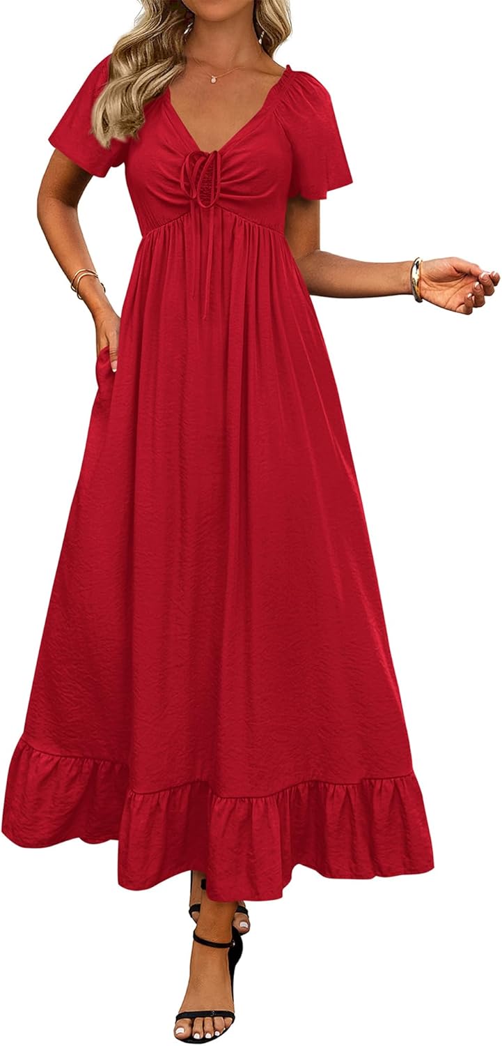 BTFBM Womens Spring Dresses 2026 Casual Short Sleeve V Neck Drawstring Wedding Guest Maxi Dresses Boho Beach Long Dress