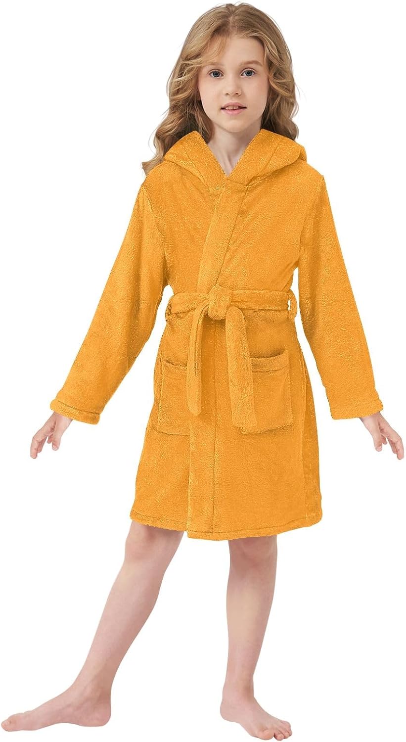 ODAWA Dark Orange Kids Bathrobe, Soft Plush Hooded Robe for Boys Girls, Quick Dry Bath Towel Wrap with Pockets