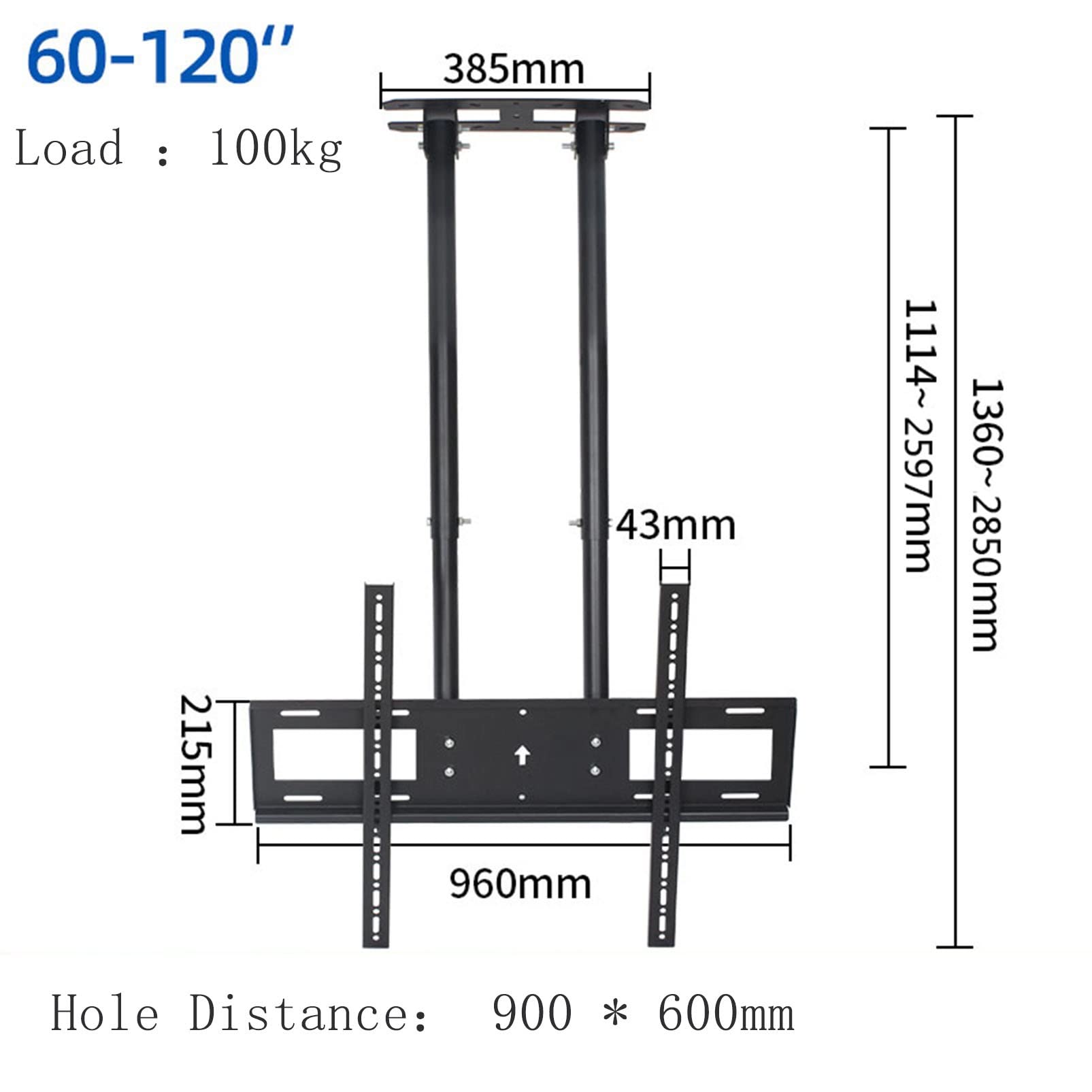 Verstelbare plafondtv-montagebeugel - verstelbare hoogte plafond tv-houder, telescopische plafondtv-lift, voor 40-65 inch flatscreen-tv's, tv-paal houdt tot 45 kg, max. VESA 600 x 400 mm (kleur